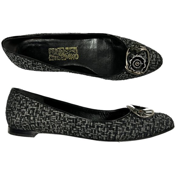 Salvatore Ferragamo Shoes - Salvatore Ferragamo Tweed Ballet Flats w Flower Clover Charm Y2K Gray Black 9